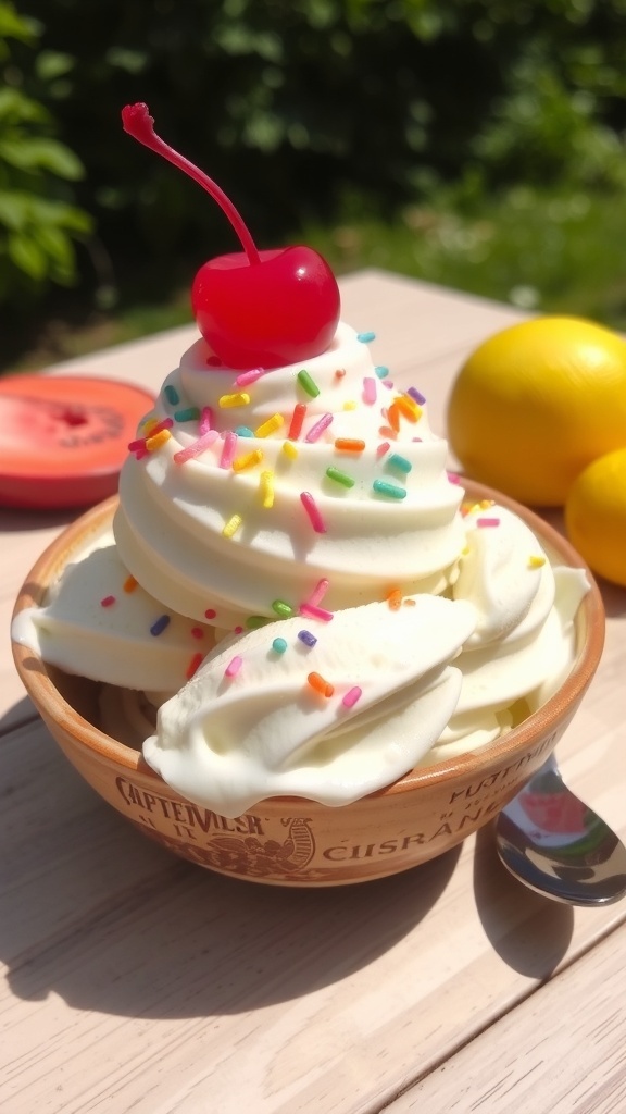 A bowl of vanilla ice cream with sprinkles and a cherry, outdoors with fresh fruits.